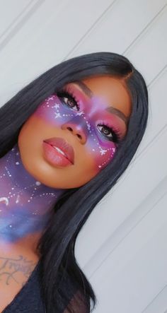 Universe Makeup Look, Space Themed Makeup Looks, Space Make Up Galaxy Makeup, Galaxy Face Makeup, Space Makeup Futuristic Make Up, Cosmic Makeup Galaxy Eyes, Astronaut Makeup Halloween, Out Of This World Makeup, Stars Face Paint