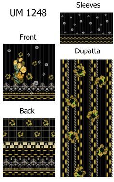 four different patterns with flowers on them and the words um 1248 front, dupatta back