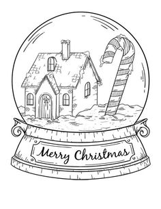 a snow globe with a house and candy cane inside it, in black and white