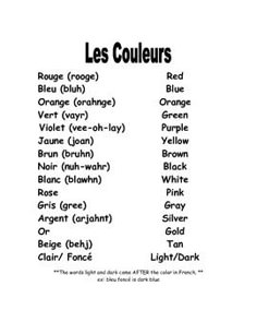 the words are in french and english on white paper with black writing that says les couleurs