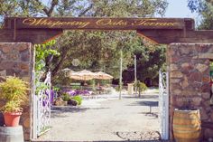 an entrance to a winery surrounded by trees