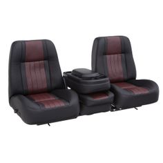 two black and red leather seats with matching armrests on each side are facing the same direction