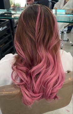 Light Pink Hair Balayage, Light Brown Hair With Blonde And Pink Highlights, Pink And Brown Balayage, Pink Hair Dye Ideas Brunettes, Pink Baylage Hair Light Brown, Pink Balyage Long Hair Brunettes, Brown And Pink Hair Curly, Pink And Light Brown Hair, Hair Pink Underneath