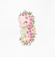 a watercolor drawing of a pink unicorn with flowers on its head