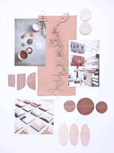 an assortment of different items are displayed on a white surface with pink and brown accents