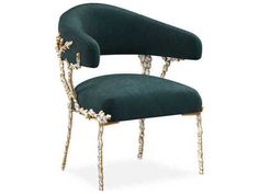 a green chair with gold trimmings on the legs and back, sitting against a white background