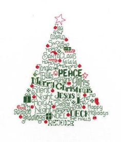 a cross stitch christmas tree with words written in it