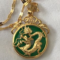 Amazing 18k Gold Plated Dragon Jade Pendant Strung On A 18” Length Gold Chain. Brand New, Never Worn. The Detail Is Magnificent. To Maintain The Gorgeous Luster, Avoid Bathing, Swimming With Item. Clean With Jewelry Cloth, Which Will Be Included With Purchase. Offers Welcomed! N(7) Jade And Gold Necklace, Jade Dragon Pendant, Gold Jade Necklace, Gold Dragon Jewelry, Chinese Gold Jewellery, Jade Gemstone Aesthetic, Asian Gold Jewelry, Zealandia Jewelry, Jade Clothes