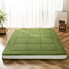 a green mattress sitting on top of a hard wood floor next to a potted plant