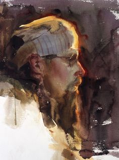 a watercolor painting of a man wearing a hat