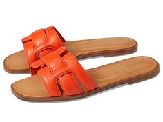 ALDO Elenaa - Women's Shoes : Bright Orange : If you are looking for a pair of simple yet charming sandals to rule the streets during the warmer days, go for the ALDO Elenaa which is designed in an ultra-flexible style. Leather upper. Polyurethane lining. Lightly padded insole. Slip-on style for easy on and off. Open square toe. TPR outsole. Imported. Measurements: Weight: 12.346 oz Product measurements were taken using size EU 37.5 (US Women's 7), width B - Medium. Please note that measurements Orange Sandals With Rubber Sole For Spring, Spring Orange Sandals With Rubber Sole, Comfortable Orange Slide Sandals, Spring Orange Slides, Casual Orange Slide Sandals, Trendy Orange Sandals With Cushioned Footbed, Casual Orange Sandals With Cushioned Footbed, Comfortable Slides With Branded Insole, Casual Synthetic Slides