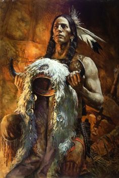 an oil painting of a native american man holding a large animal's head with feathers on it