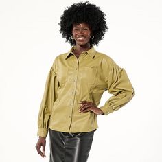 Harlem's Fashion Row x Kaphill Collection Faux Leather Shirt Jacket A button-front shirt silhouette crafted in trendy faux leather, this roomy shirt jacket will be your go-to in chilly temps. Trendy Long Sleeve Faux Leather Top, Trendy Faux Leather Long Sleeve Top, Chic Long Sleeve Faux Leather Top, Trendy Faux Leather Tops For Fall, Faux Leather Tops For Workwear In Fall, Long Sleeve Faux Leather Jacket With Snap Buttons, Spring Leather Tops With Button Closure, Faux Leather Long Sleeve Jacket With Snap Buttons, Faux Leather Tops For Work In Spring