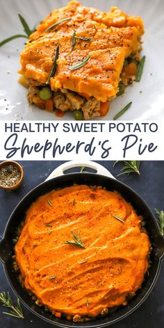 healthy sweet potato shepherd's pie with herbs on top