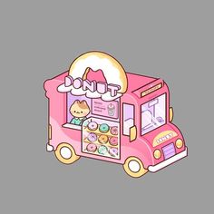 a pink donut cart with a cat on it's front and the door open