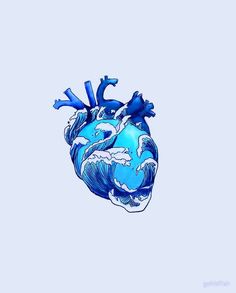 a blue and white drawing of a heart with an ocean wave on it's side