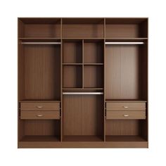 an open closet with drawers and shelves on the bottom shelf is shown in brown wood