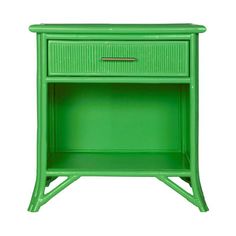 a green nightstand with drawers on the bottom and one drawer open to show an empty drawer