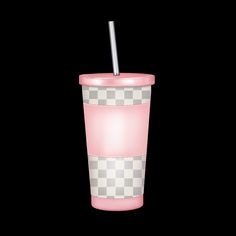 a pink cup with a straw in it sitting on a black surface, against a dark background