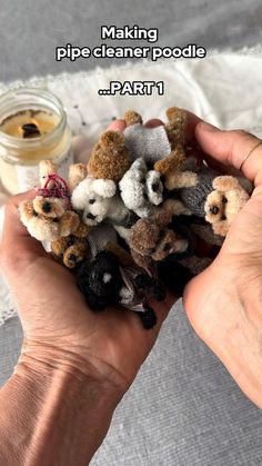 a person is holding several small stuffed animals in their hands with the caption making pipe cleaner poodle part 1