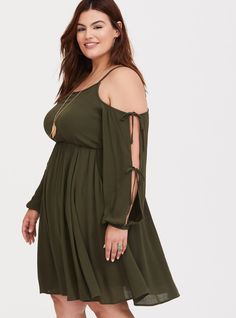 Olive Tie Sleeve Gauze Skater Dress - Tie sleeves and cold shoulder cutouts lend boho flair to a softly textured gauze mini dress that's expertly designed to fit and flatter. Olive Tie, Womens Clothing Websites, Bohemian Dresses, Olive Green Dresses, Torrid Dresses, Tie Sleeve, Boho Look, Work Outfits Women, Tie Dress