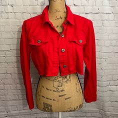 Us Size 8 Red 100% Cotton Trendy Red Collared Outerwear, Casual Red Collared Outerwear, Red Winter Denim Jacket, Casual Red Cotton Outerwear, Red Fitted Cropped Jacket For Spring, Fitted Red Cropped Jacket For Spring, Red Casual Cropped Jacket With Long Sleeves, Red Fitted Cropped Outerwear, Red Cropped Long Sleeve Casual Jacket