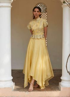 Osaa By Adarsh-Yellow Embroidered Crop Top And Skirt-INDIASPOPUP.COM Elegant Royal Dresses, Crop Top And Skirt, Embroidered Crop Tops, Long Dress Design, Crop Top Skirt, Stylish Dresses For Girls, Indian Designer Outfits, Indian Fashion Dresses, Desi Fashion