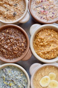 6 ramekins of different flavors of blended oatmeal. Blueberry Chocolate, Flavor Combinations, Pumpkin Pecan, Banana Blueberry, Baked Oatmeal, Oatmeal Recipes