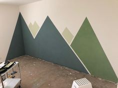 an empty room with mountains painted on the wall