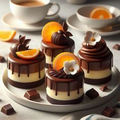 small desserts with orange slices and chocolate sauce