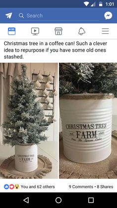 a christmas tree in a bucket on top of a table