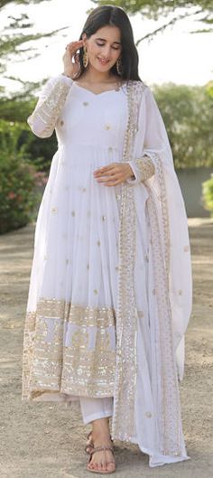 White and Off White color Salwar Kameez in Georgette fabric with Embroidered, Sequence, Thread work Semi-stitched White Anarkali Set For Reception, White Anarkali Dupatta For Reception, White Anarkali Set For Eid Reception, White Georgette Churidar For Reception, White Anarkali Set With Zari Work For Reception, White Churidar In Georgette For Reception, White Anarkali Set With Mirror Work And Traditional Drape, White Dupatta With Mirror Work For Reception, White Anarkali Traditional Wear For Reception