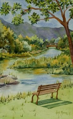 a painting of a park bench next to a river and tree with mountains in the background