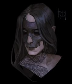 a drawing of a woman with tattoos on her chest and face painted in dark colors