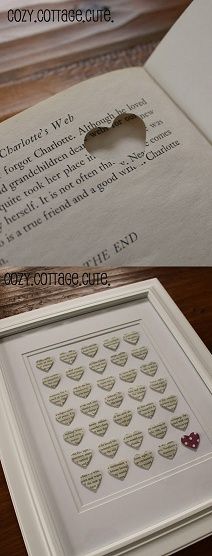 DIY: punch a hole in the shape of a heart into an old dictionary, choosing certain words to describe the person you want to give it to, and arrange them into a frame for a decoration. Oppgaver For Barn, Cuadros Diy, Old Book, Crafty Craft, Crafty Diy, Craft Time, Cute Crafts, The Shape