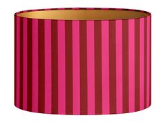 a pink and brown striped lamp shade on a white background with gold trimmings