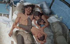 an image of three people laying in bed with one person sleeping on the other side