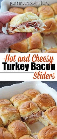 hot and cheesy turkey bacon sliders in a baking dish with text overlay