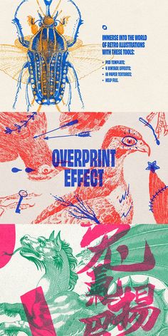 an advertisement for the overprint effect project, with colorful images and text on it