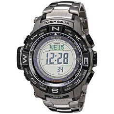 Casio Pro Trek Men's Triple Sensor Atomic Solar Watch - Titanium Band Everywhere awaits your arrival. Show up. Feature-loaded and function-centered, the rugged Pro Trek guides you to and through all of life's destinations. Bracelet approx. 9"L x 13/16"W; fits 9" to 8-1/2" wrist Case approx. 2-1/4/"L x 2-1/4"W x 1/2"H Stainless steel, titanium Digital display Water-resistant to 20ATM - suitable for high-impact water sports and non-helium scuba diving Quartz movement Mineral crystal Silvertone tit Digital Watch With Subdials For Outdoor Activities, Silver Digital Watch With Subdials For Outdoor, Silver Outdoor Watch With Stopwatch, Outdoor Digital Watch With Tachymeter, Silver Outdoor Watch With Tachymeter, Silver Digital Watch With 10atm Water Resistance For Outdoor, Outdoor Silver Digital Watch With 10atm Water Resistance, Silver Outdoor Watch With Subdials, Silver Outdoor Watch With Analog Display