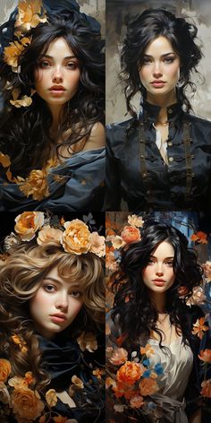 three pictures of women with flowers in their hair