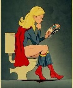 a painting of a woman sitting on a toilet reading a comic book while wearing red boots