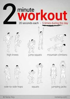 a poster with instructions for how to do the 2 minute workout in two minutes or less