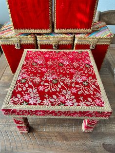 Beautiful floral embroidered Maiyan set! Includes: Stool, Footrest, Thaal Cover, Thaal Plate, Ghadvi, Glass, Oil Bottle, 1 Medium Bowl, 1 Mini Bowl, 1 Laddu Box, 1 Potli bag Potli Bag, Potli Bags, Mini Bowls, Oil Bottle, Guinea Bissau, Haiti, Ethiopia, Home Collections, Bowl