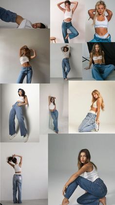 many different pictures of women in jeans and white tops, all posing for the camera