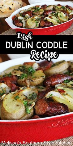 this is an image of irish dublin code recipe with potatoes and bacon in a red casserole dish