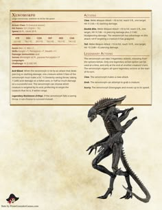 an alien is standing in front of a page with information about the creature's body