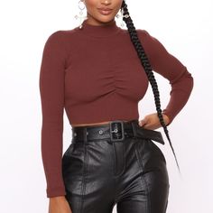 Ribbed Size Medium Chocolate Colored Long Sleeve Crop Top. Durable Fabric. **New With Tag!! Details Cropped Sweater Top High Neck Cinch Chest Detail Long Sleeve Ribbed Stretch Viscose/Nylon *Bundle & Save* *Make Me A Reasonable Offer* Items Listed Are On Other Sites To Be Sold. Don't Wait To Buy! :) *Smoke & Pet Free Home *The Color May Appear Different In Person. Ruched Stretch Crop Top For Fall, Stretch Ruched Crop Top For Fall, Fall Stretch Ruched Crop Top, Trendy Long Sleeve Ruched Crop Top, Chic Ruched Crop Top For Fall, Chic Brown Crop Top For Fall, Casual Brown Crop Top For Winter, Casual Long Sleeve Ruched Crop Top, Brown Long Sleeve Top With Ruched Detail