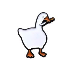 a white duck with an orange beak holding a piece of wood