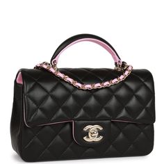 This Mini Rectangular flap bag is in Black lambskin with light gold tone hardware and has a front flap with signature CC turnlock closure, rear half moon pocket, black and light pink top handle and single interwoven light pink leather and light gold tone chain link shoulder/crossbody strap. The interior is lined in light pink leather and features a zipper pocket with Chanel pull and an open pocket below. Collection: 23P Origin: France Condition: Pristine; new or never Accompanied by: Chanel box, Chanel dustbag, carebook and ribbon Measurements: 8" width x 5" height x 2.5" depth; 1.77" top handle, 20" strap drop Black Designer Bag, Chanel Mini Rectangular, Light Pink Top, Dream Bag, Light Pink Tops, Chanel Box, Chanel Mini, Bag Collection, Shopping Items